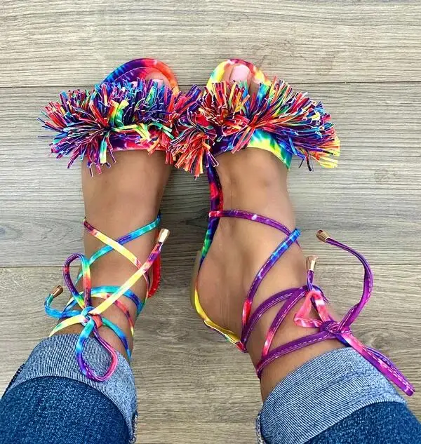 

2021 Summer New Sweet Tassel Shoes Woman Cross-Strap Flat Open Toe Floral Straps Student Red Heels Sandals Zapatos Mujer, As picture