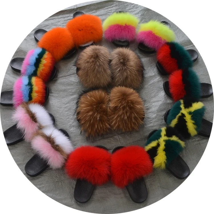 

2021Wholesale custom indoor slipper flush real soft raccoon fur slippers fashion outdoor slider sandals fox fur slides for women, Customized color