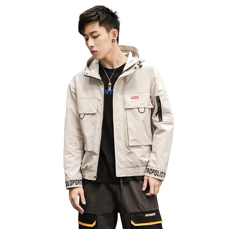

Wholesale male winter coats multiple pockets solid color hoodie loose men's jackets, 3 colors