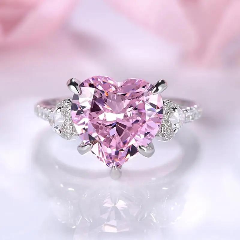

925 Sterling Silver Radiant Cut Created Pink Heart-shaped Moissanite Engagement Wedding Ring