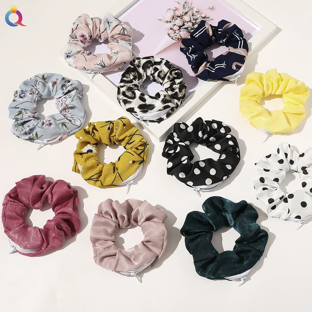 

QIYUE Korean Trendy Custom Print Elastic Hair Band Women Elegant Velvet Silk Seersucker Zipper Scrunchies With Pocket
