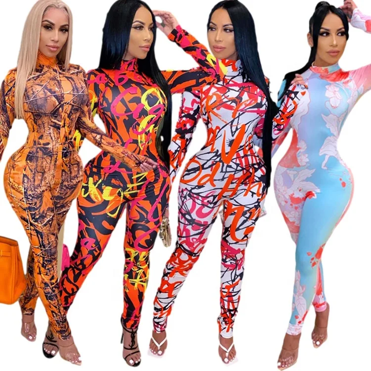 

MT299-202 Wholesale Casual Sexy Bodysuit Print Long Sleeve One Piece Bodycon Jumpsuit Rompers Sweatpants Jumpsuit for Women