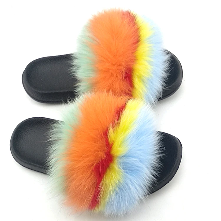 

2021 new design Wholesale real fur slide fox fur slippers for kids women, Customized color