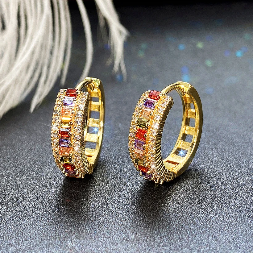 

CAOSHI 2021 Hot Sale 14K Gold Plated Brass Zircon Huggie Hoop Jewelry Colorful Rainbow Cubic Zirconia Women Hoop Earrings