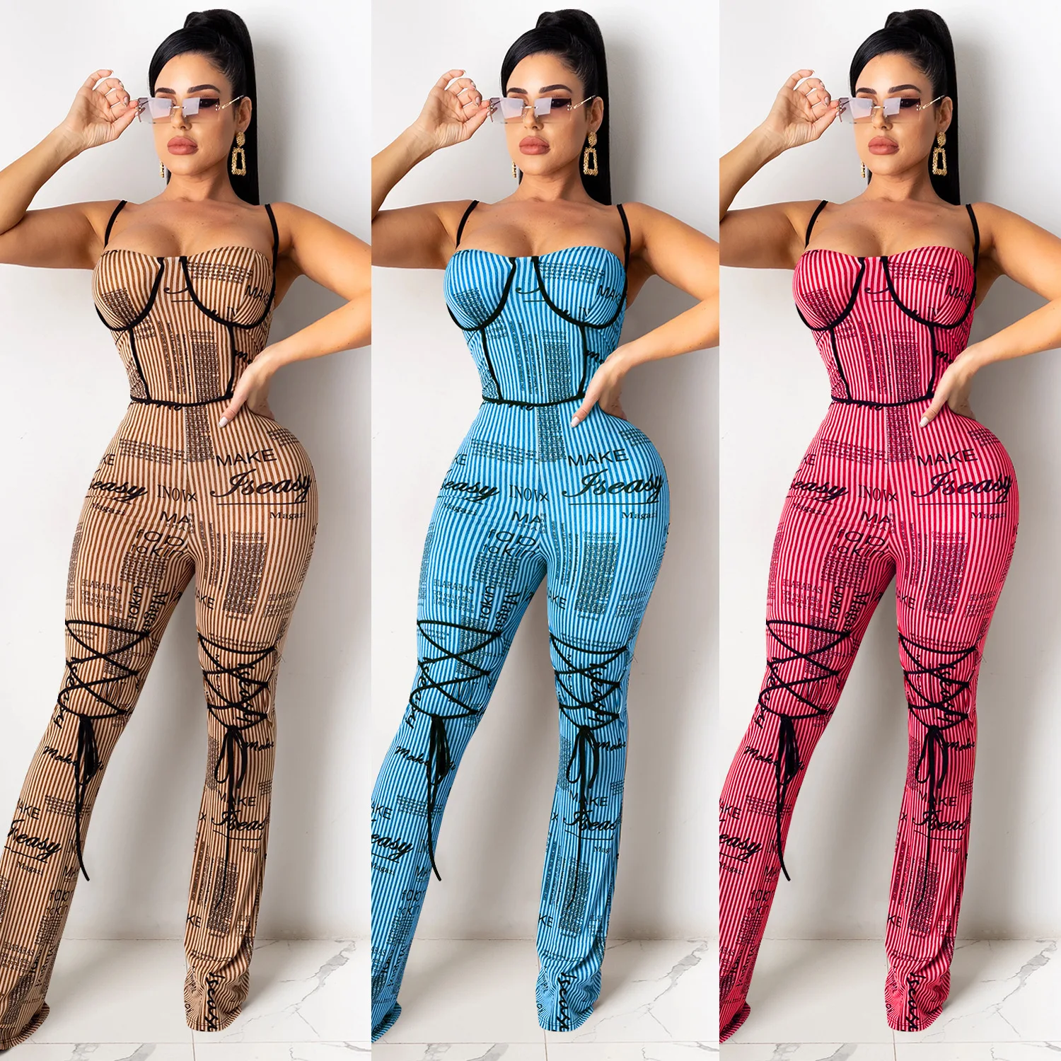 

2021 Fashionable Women Sexy Halter With Milk Screen Printed One Piece Sexy Bodycon Streetwear Letter Regular Jumpsuits