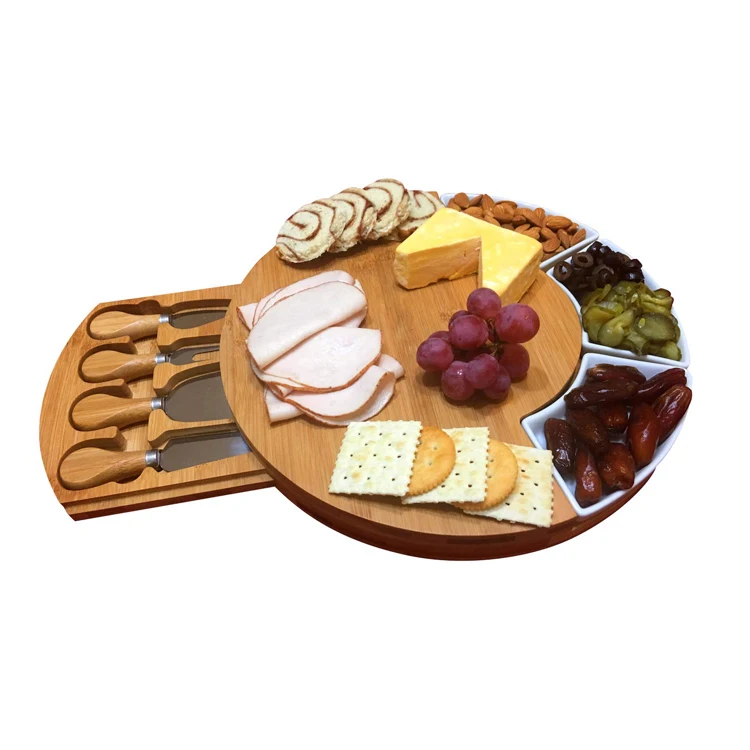 Large Round Bamboo Cheese Serving Platter Board And 4 Piece Cutlery Knife Set In Drawer With 3