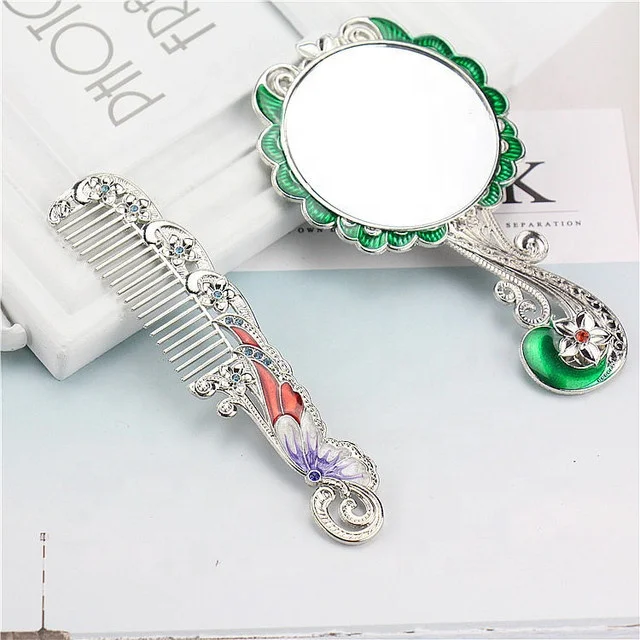 

Private Label Luxury Bronze Plated Peacock Vintage Hand Mirror with Comb Set