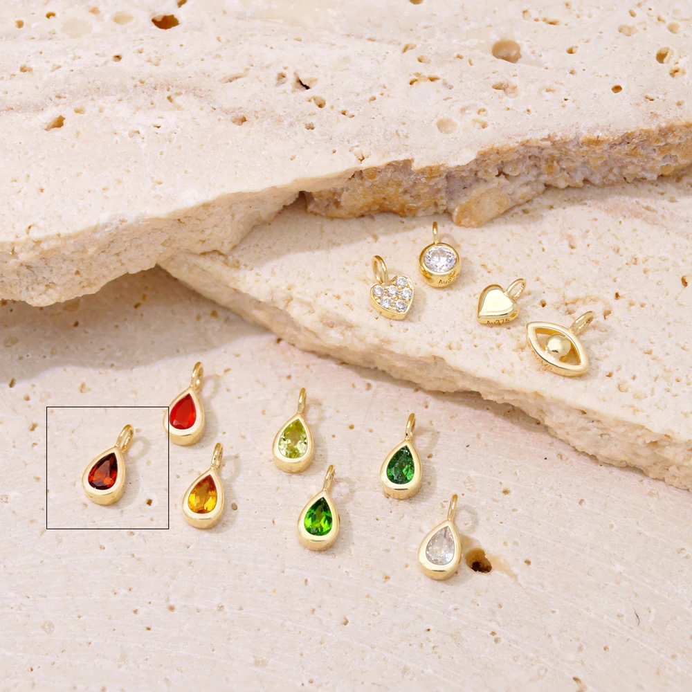 Multi Color CZ Natural Gemstone Charm Tear Drop Round Heart Eye Solid Gold 9ct Charms for Permanent Jewelry Bracelet Making