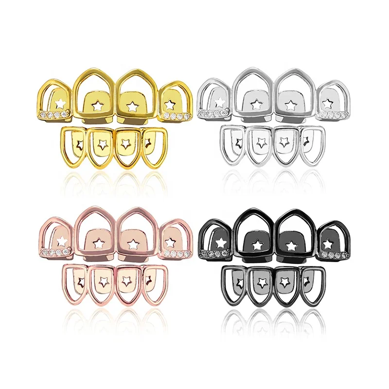 

Wholesale Hip Hop 4 Teeth Hollow Grills Gold Grillz Maker Iced Out Top & Bottom Real Teeth Grillz For Men Rapper Jewelry, Gold, silver, rose gold,black