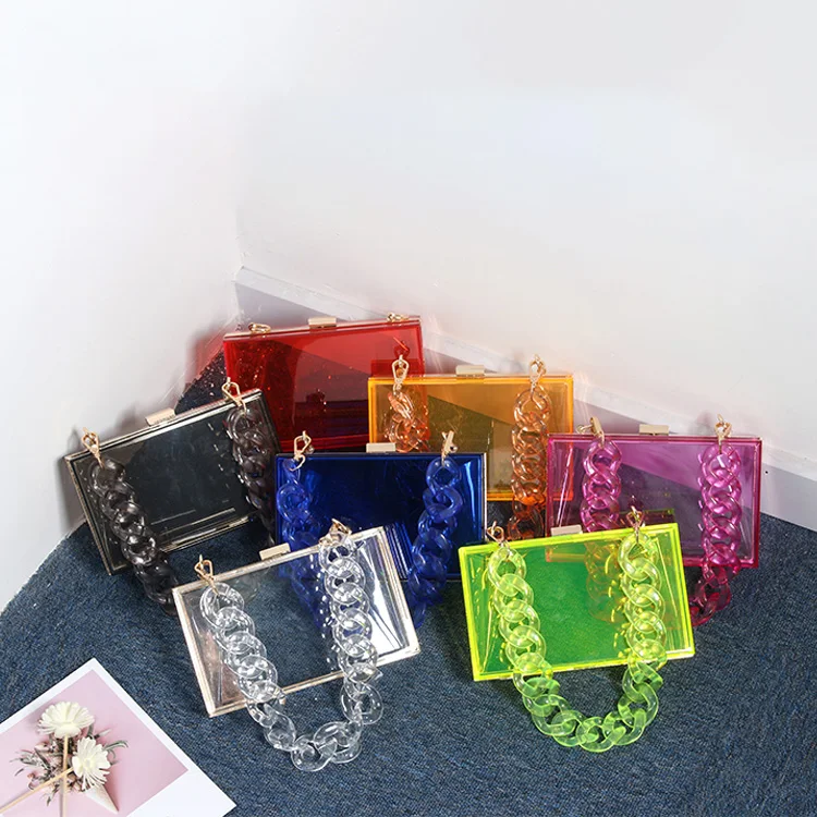 

2021 Crystal Wedding Party Handbag Women Square Acrylic Evening Bag Clutch Purse Clear Acrylic Chain Bag, 7 colors