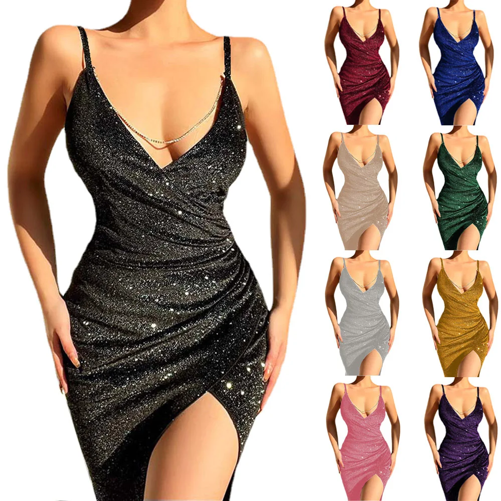 

Fast Shipping Night Club Style Luxury Glitter Deep V Sexy Suspender Cami Women Dress, Customized color
