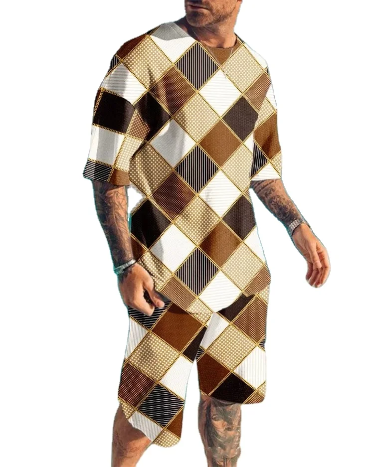 

High Quality Men's Short Sleeve Summer Tracksuit Beach Wear Casual Short Sets T Shirt With Shorts Sets, Customized color