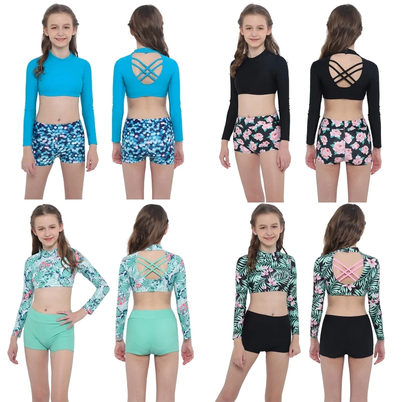

Hot Sale Summer Tracksuit Kids Girls Long Sleeve Keyhole Back Crop Top And Boyshorts Dance Swim Suit