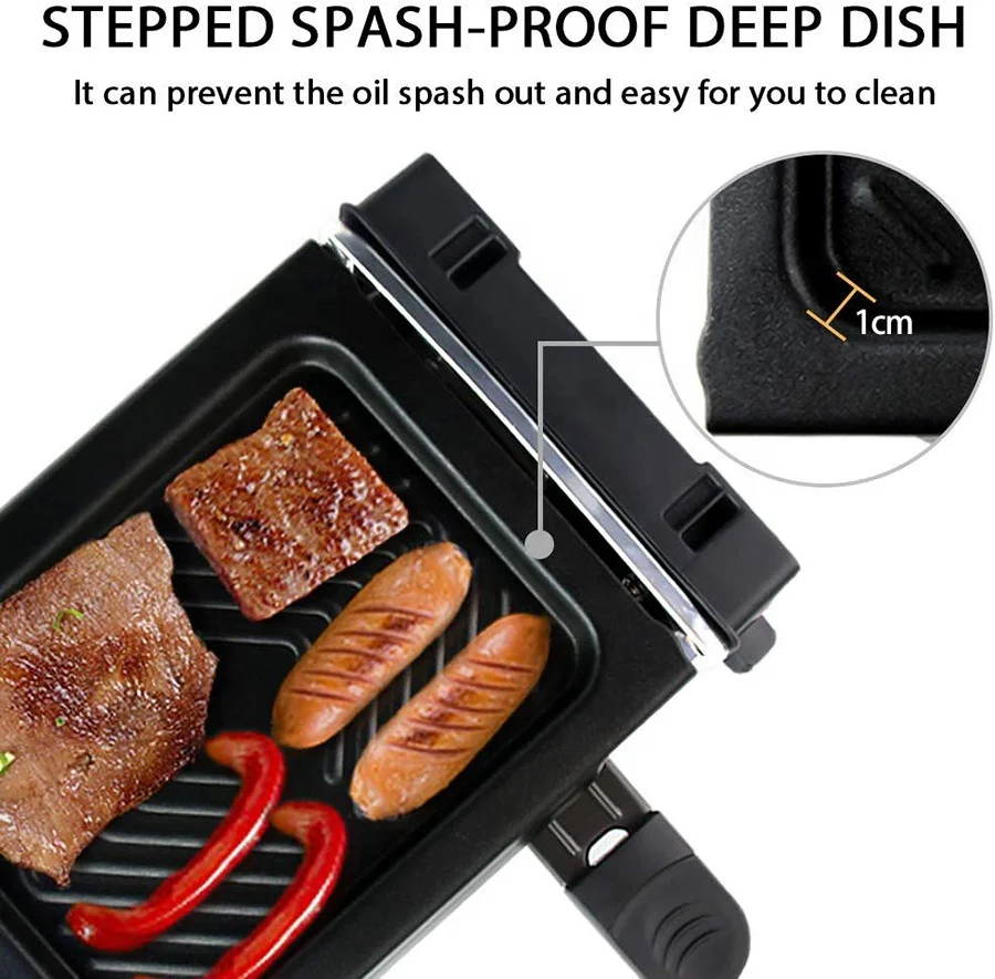 
2 Mini Pans 500W Mini Indoor with Non-Stick Coating Grill Plate Flat & Ridged Surfaces bbq Raclette Grill 