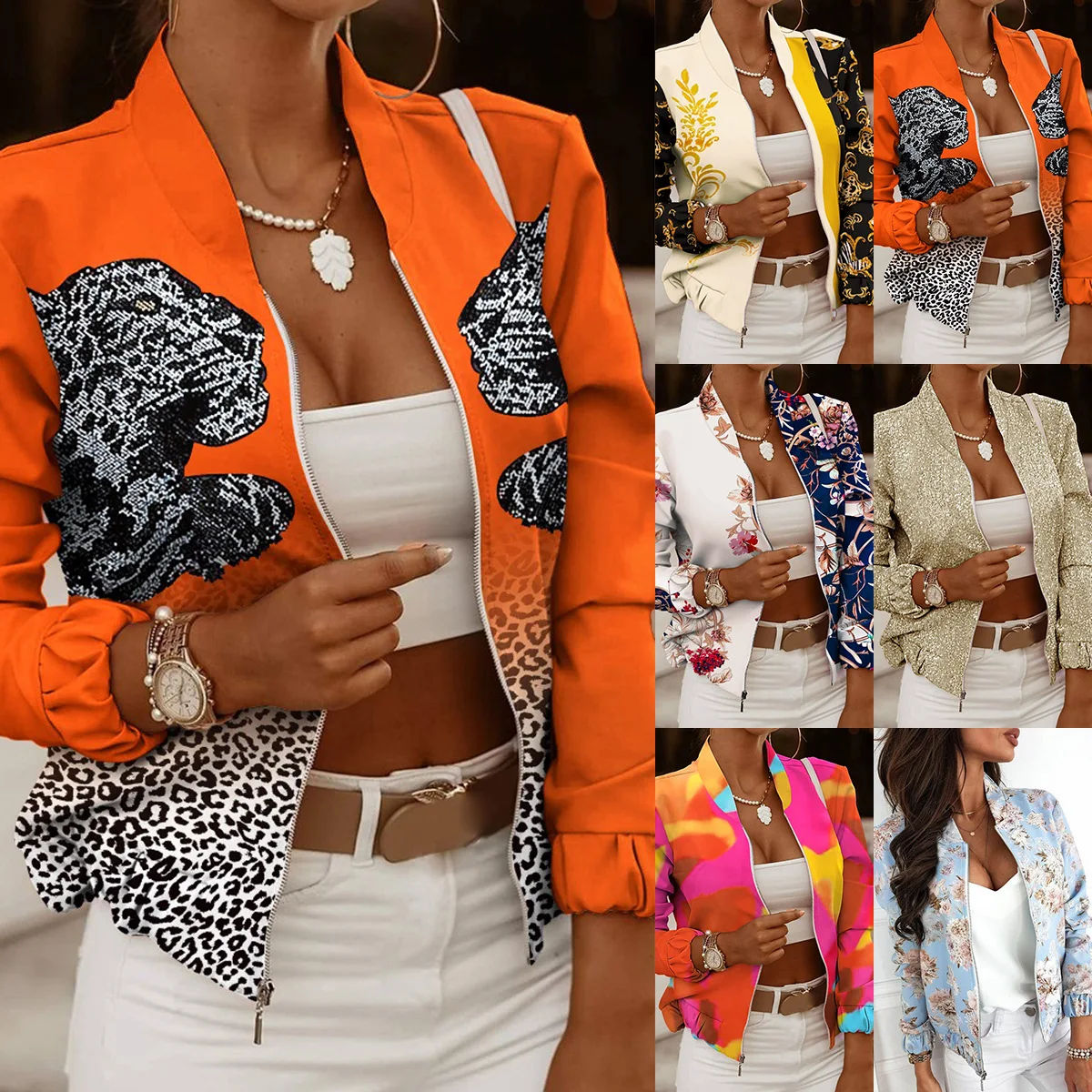 

wholesale hot casual bomber winter women's jackets for woman 2021 trendy designer print zipper up women fall tops jacket coat, Sky blue/orange/tie dye/khaki/yellow/white