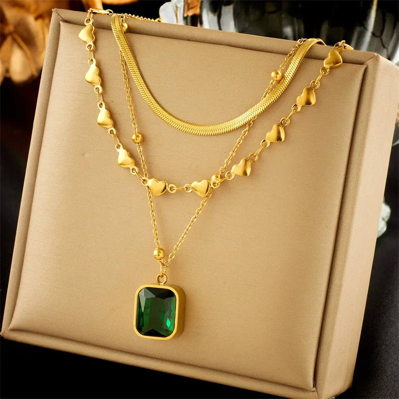 

Fashion 18k Gold Plated Multi Layered 316L Stainless Steel Square Emerald Zircon Pendant Necklace For Women