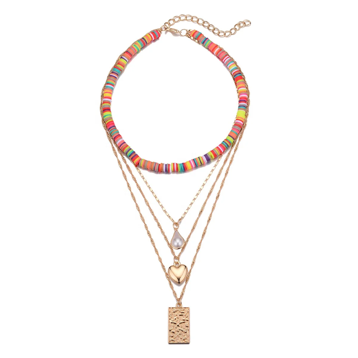 

Europe America Bohemian multi-layer pearl Heart pendant Necklace polymer clay beads geometric pendant Jewelry for women