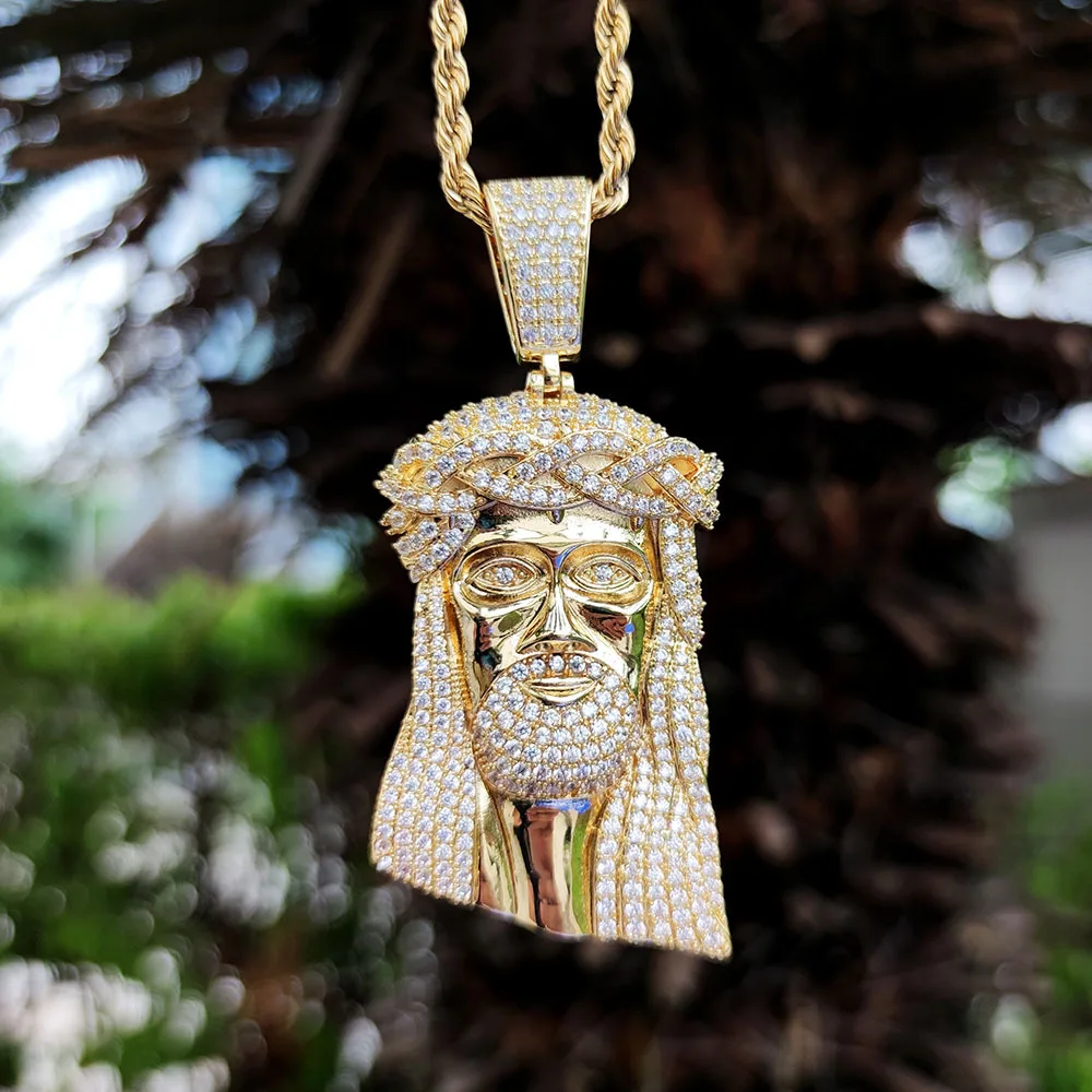 

Classic Mens Hip Hop Gold Iced Out Lab Diamond Custom Piece XL Charm Jesus Pendant Necklace, Picture