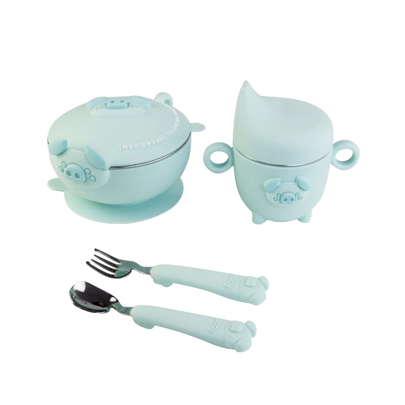 

Hot gift pig animal bowl with cup and spoon silicone baby stainless suction feeding bowl set silicon baby bowl, Green pink blue