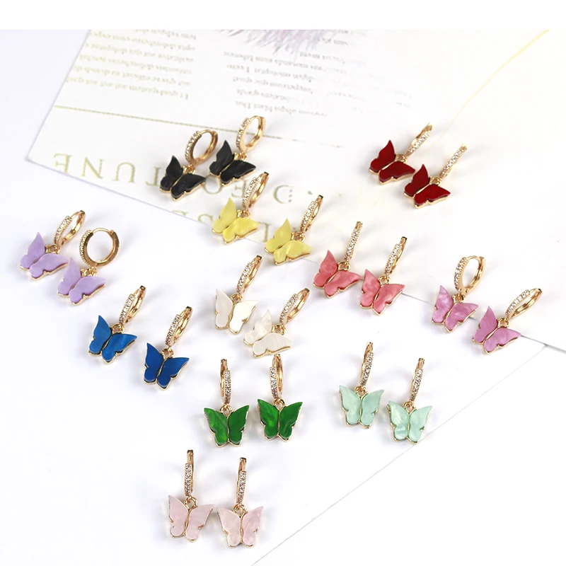 

2021 Hot Sale Crystal Huggie Earrings 18k Gold Plated Women Butterfly Dangle Earrings, As picture show