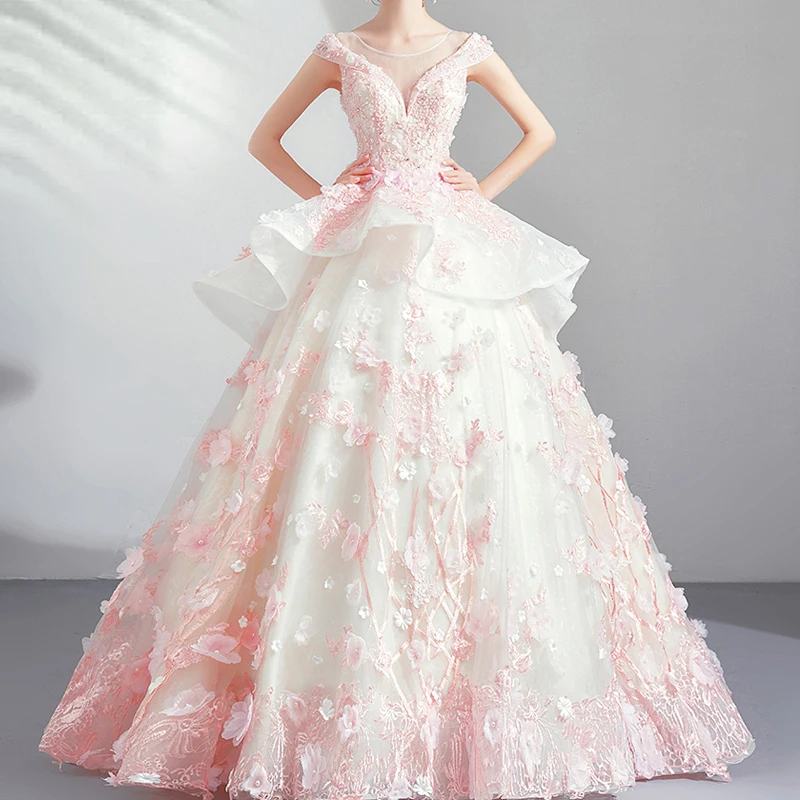 

Custom Elegan Long Illusion Sleeve Lace Bride Dress Wedding Dress Bridal Gowns Ball, Pink