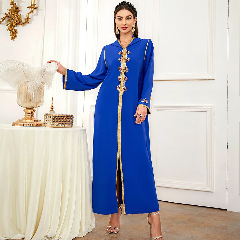 

2307 Kuwii wholesale Hand-stitched rhinestone elegant dress luxury hoodie abaya american and european clothing 2022, Blue
