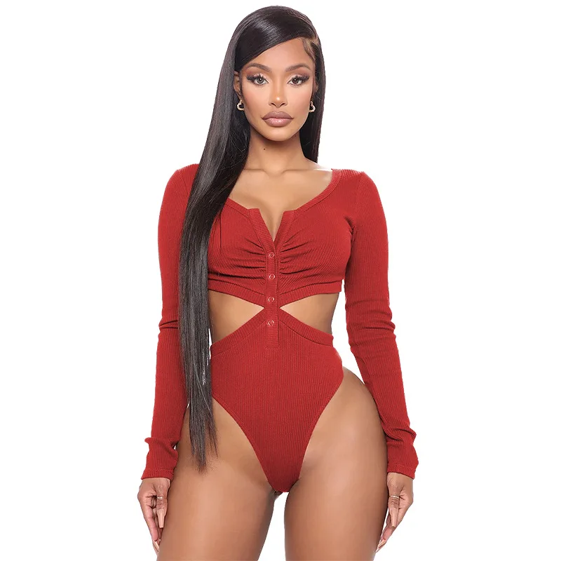 

Free Shipping R02049 - women fashion long sleeve bodycon solid knit bodysuit jumpsuit plus size