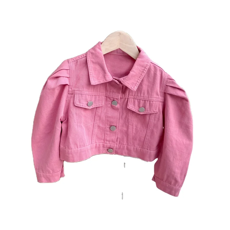 

AUT087 winter little kids clothes toddler baby girls pink denim jackets Coats solid casual Korean children clothing puff sleeve