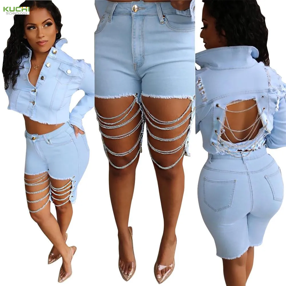 

MOQ 1PC KC-Q237 Women's denim shorts sexy nightclub hole chain washed jeans (pants only) women's short jeans2020, As pictures