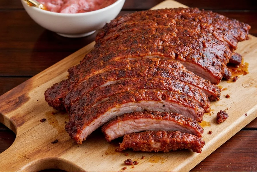 Platter of perfectly smoked ribs with sauce drizzled on top