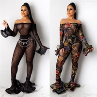 

C92009 Women winter clothing Christmas 2020 sexy see through full length flared pants off shoulder women two piece set club