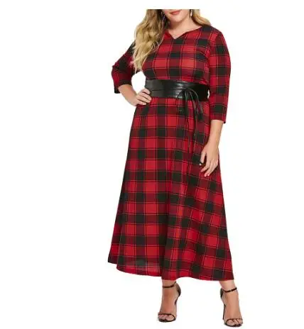 

Fall Winter Plus Size Women Maxi Dress V-Neck Three Quater Sleeve Contrast Color Plaid Casual Dress High Waist Belt Dress, Pictures