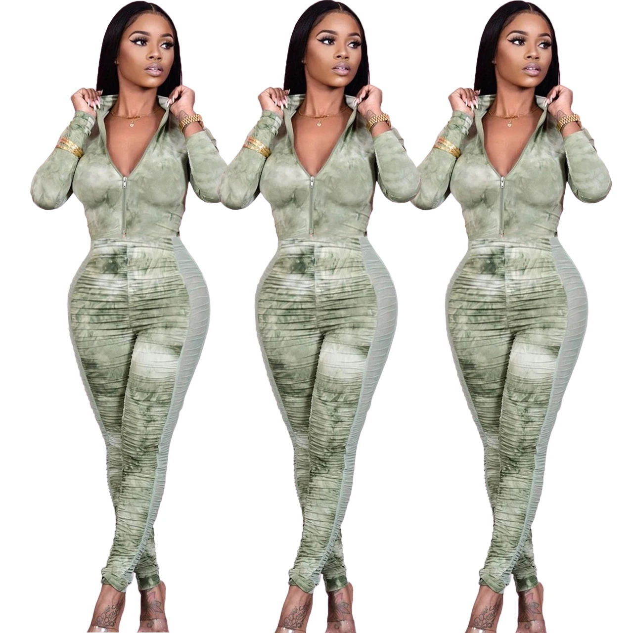 

Women Sexy zipper stacked bodycon side see through mesh patchwork luxury jumpsuits