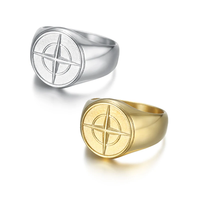 

Customized Logo Hot Sale Mysterious Men Jewelry Silver Gold Punk Retro Stainless Steel Viking Compass Ring for men