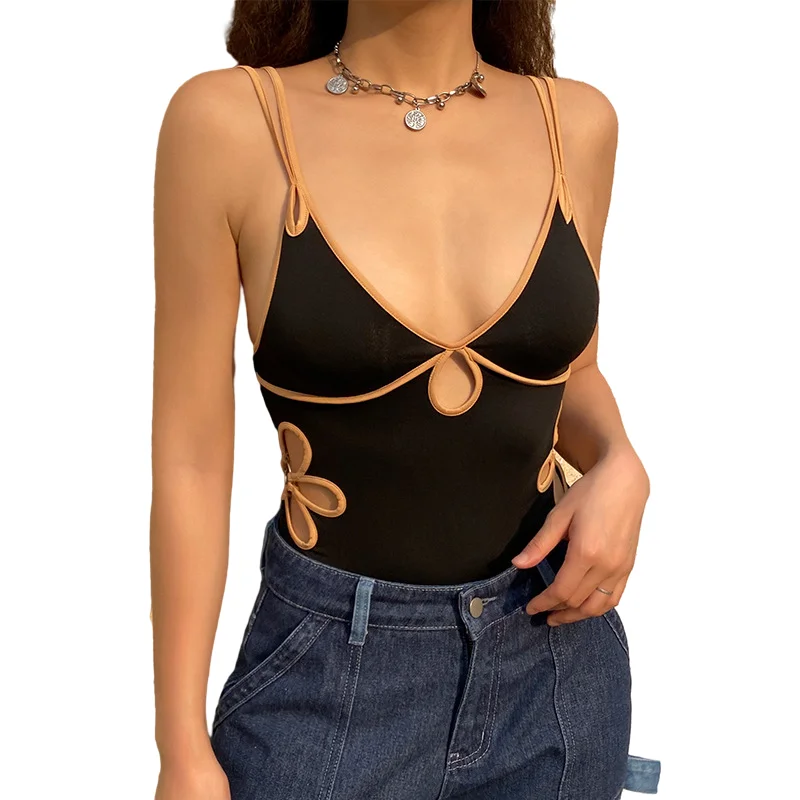 

Summer top bodysuit sling slim womans body suits strapped V-neck body suite women hollow black sexy bodysuits for women