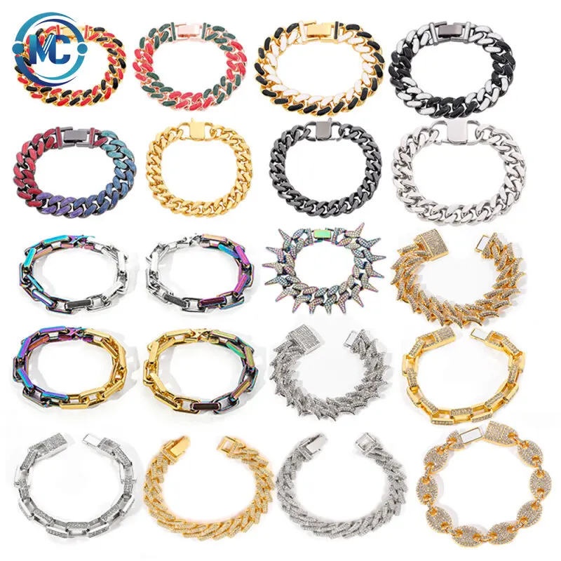 

European and American Fashion Jewelry Rhombus Cuban Bracelet Hip Hop Rock Singer Bracelet Trendy Men's Full Diamond Bracelet in, Colors