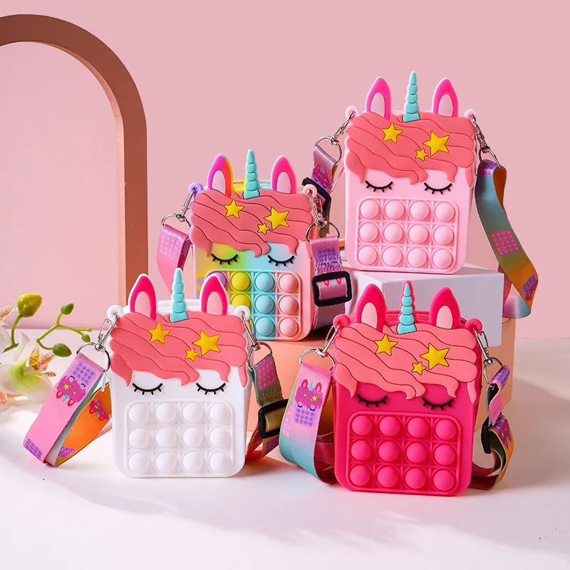 

2021 hot sale fidget toy advent calendar bubble unicorn pop it fidget toy cute silica gel pop it purse fidget bag, 4colors