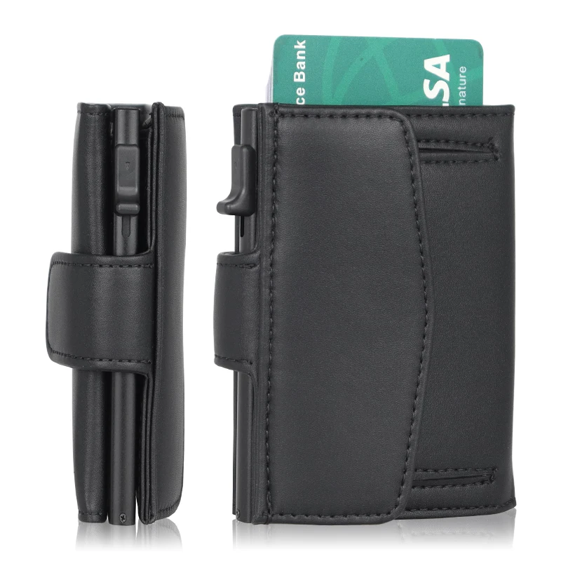 

Factory Direct Leather Pop Up Card Holder Men Metal Card Holder RFID Leather Aluminum Wallet