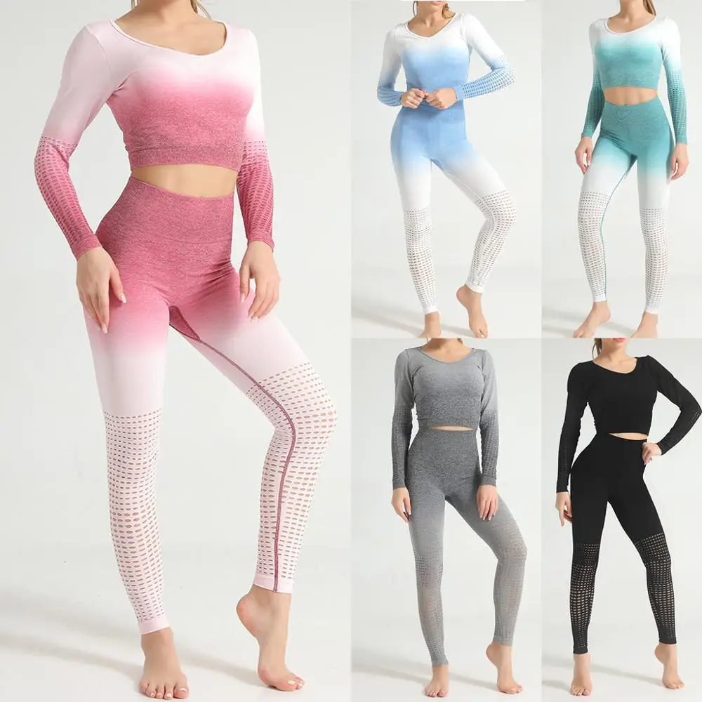 

Women seamless gym fitness suit long sleeve tops high waist leggings yoga sets running tights scrunch hip sport suit