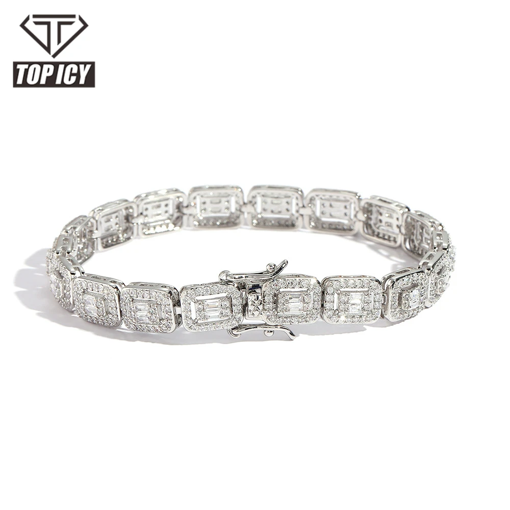 

2022 New Arrival Fashion Hot Selling 7mm Hip Hop CZ Chain Gold Plated Bracelet Baguette Crystal Bracelet Men