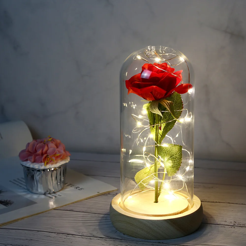Mothers Day Birthday Gifts galaxy Enchanted Red Rose Under Glass Dome with Led Light Home Office Decor