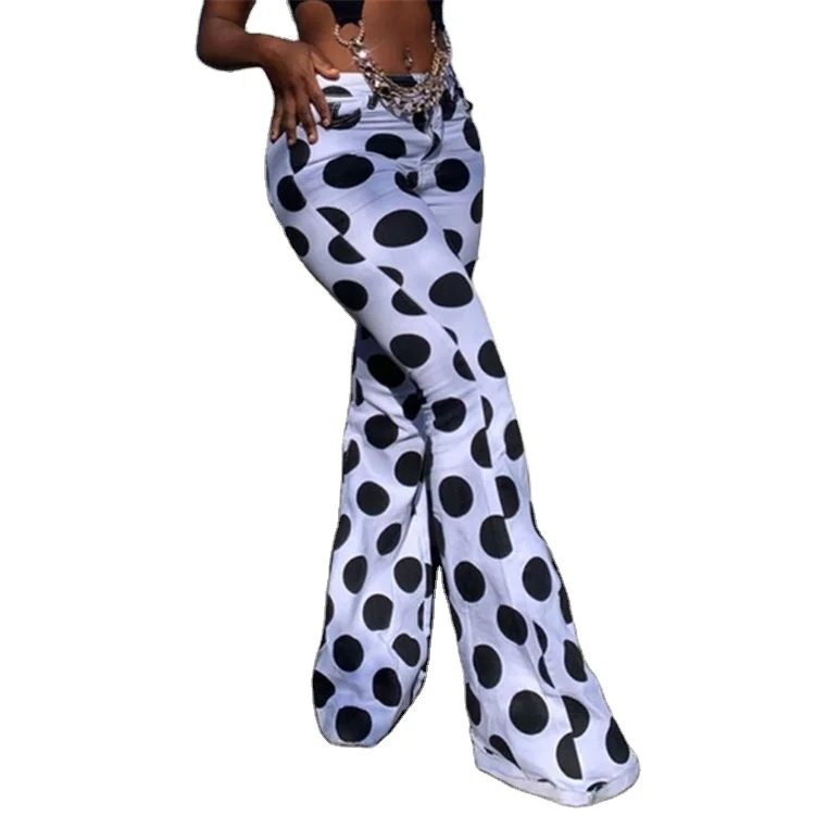 

2021 Autumn New Style Polka Print Woman Pants Fashionable High Waist Long Flare Pants Women's Trousers