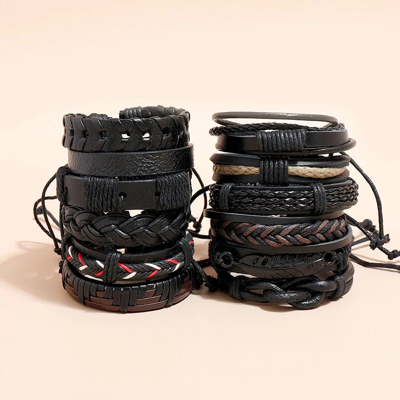 

Simple Europe Retro Braided Leather Bracelet 12-piece Diy Combination Adjustable Black Trendy Fashion Jewelry Men's Bracelet
