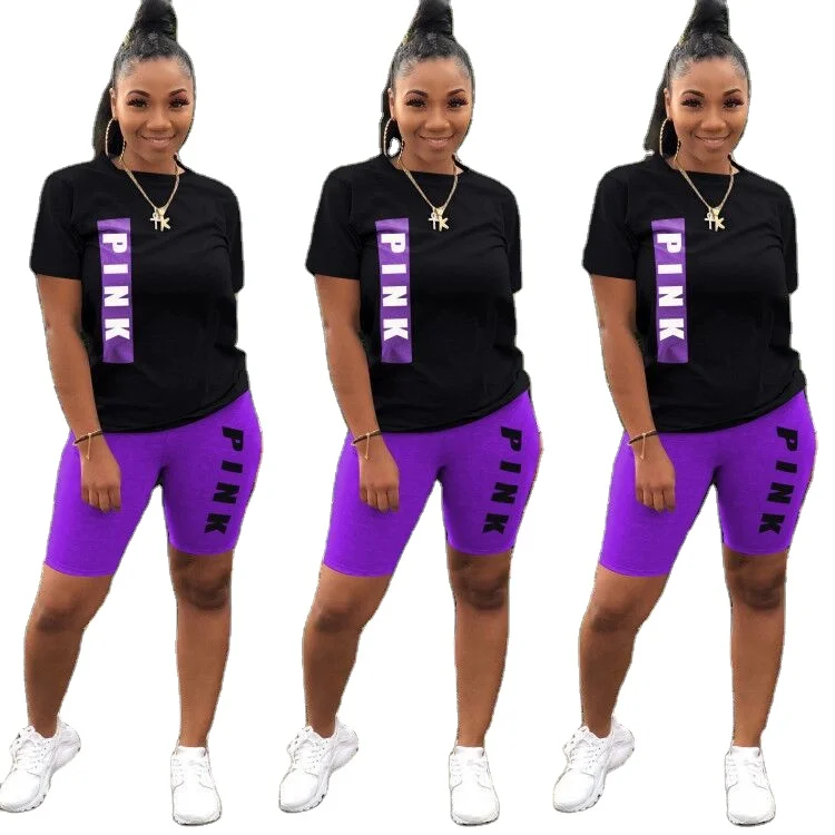 

Wholesale women clothes summer 2021 printing clothing sets burning flower two piece shorts set, Purple, fluorescent green, orange, plum red