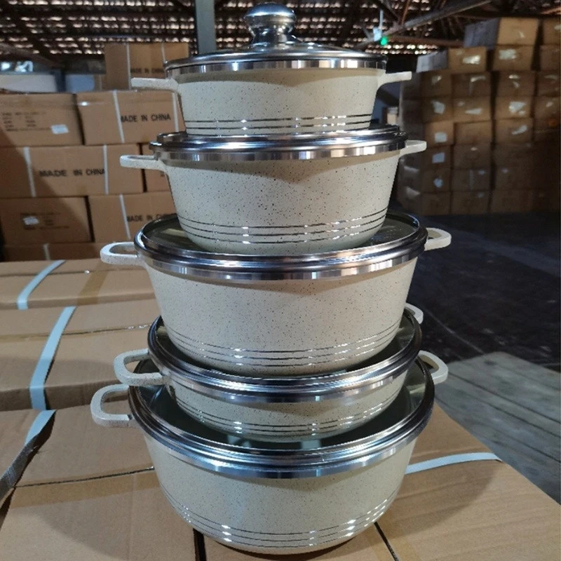 

2021 Hot Sale Private Label Big Manufacturer Kitchen Aluminum Granite Coating Kitchenware Nonstick Cooking Pot Cookware Set, Grey, beige