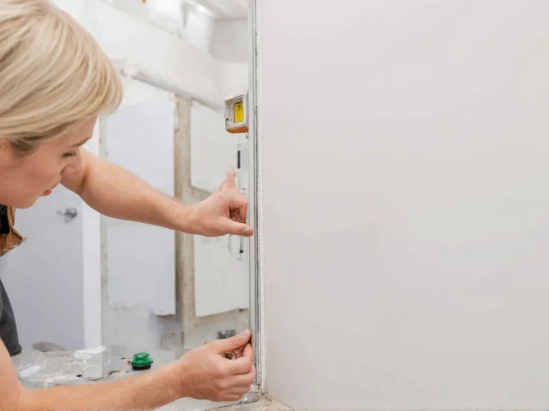 Hand placing mirror tile with level tool during DIY installation