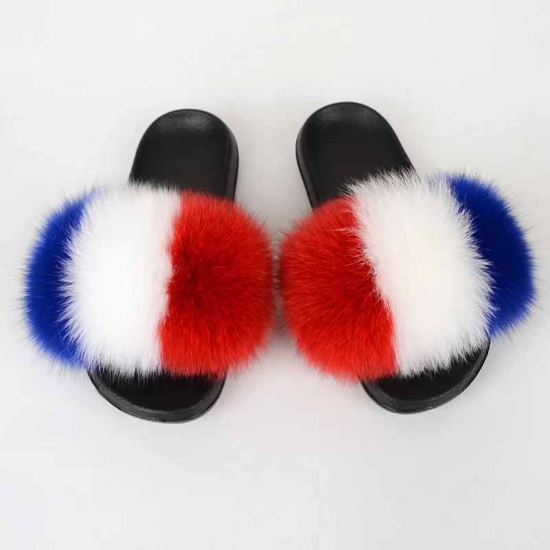 

China Factory Supply Cheap price Low MOQ Fast Ship Ladies New Fashionable Fox Fur Sandals, 60 colors