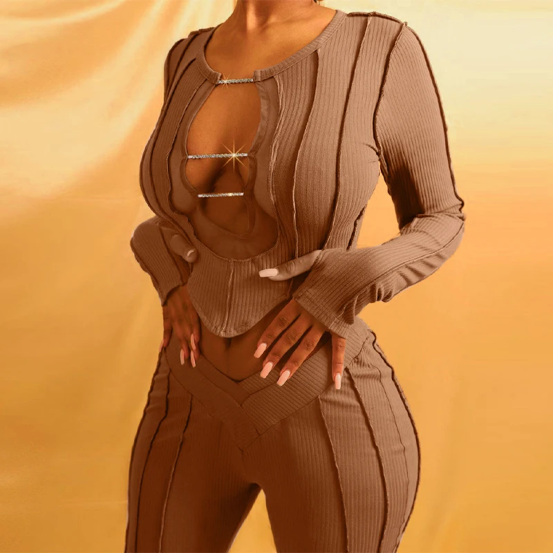 

HT Chain Neck Long Sleeve Crop Tank Top Bodycon Striped Leggings Pants 2 Piece High Street Set 2021 Women Chic Clothing, Customized color