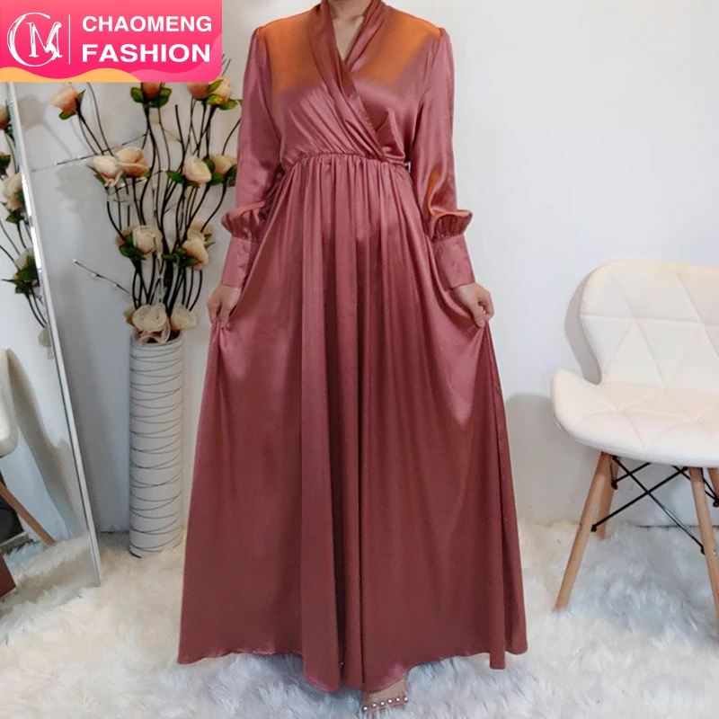 

6280#Hot Sale Elegant Muslim Women Clothing Maxi Long Satin Islam Dress 2020 New, Beige/pink/purple/black/navy