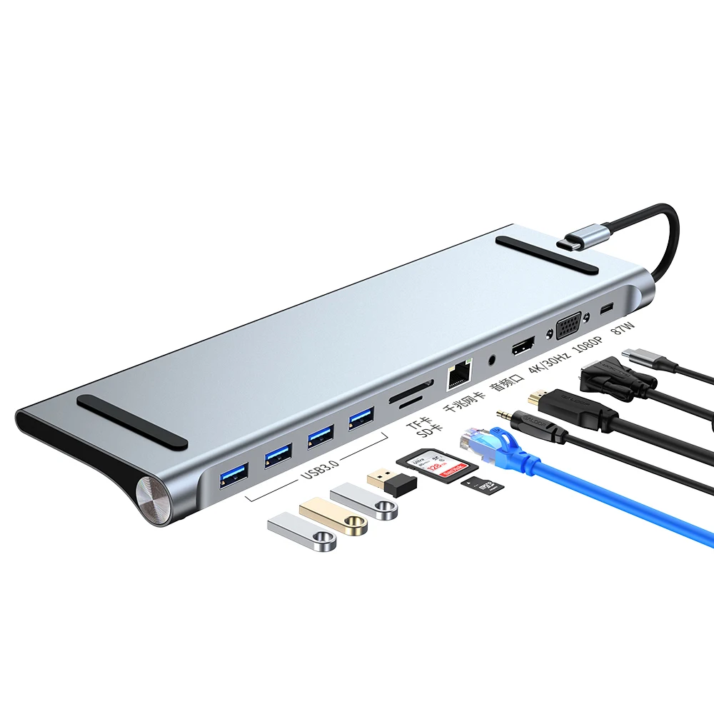 

AD-059 USB C 11-in-1 to H-D-M-I+USB3.0*4+RJ45 (100M) VGA+PD+AV+SD+TF Hub Dock for USB compatible Hub Adapter PD